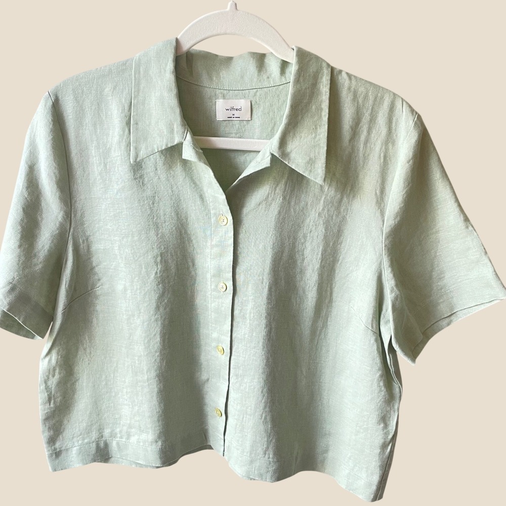 Aritzia Wilfred Gelato Organic Linen Crop Short Sleeve Shirt Green Size M"